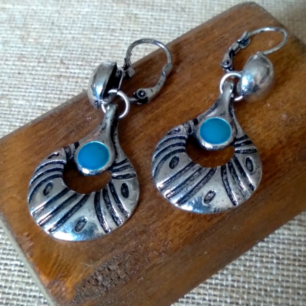 Silver pierced turquoise enamel southwestern style dangle earrings